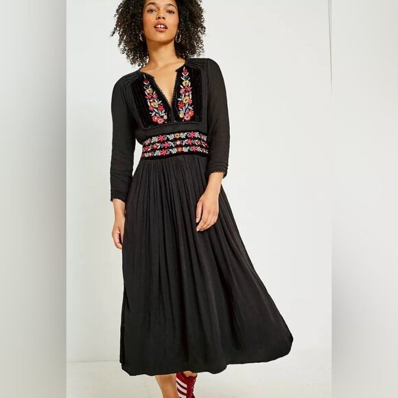 Free People Flora Embroidered Floral Midi Dress Black - Picture 1 of 14